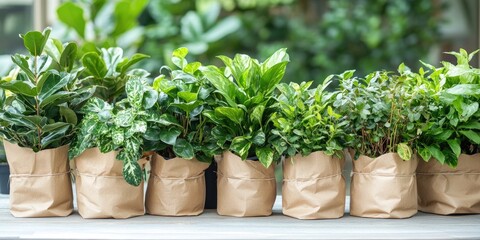 A series of potted plants wrapped in brown paper can be seen lined up, showcasing multiple containers of greenery, all beautifully presented together in a row.