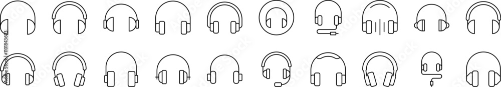 Poster big various headphones outline simple linear image collection. editable stroke. suitable for web sit
