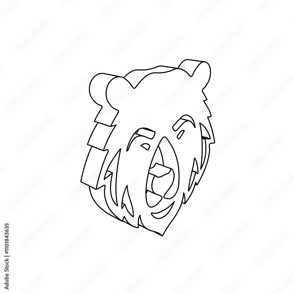 Poster the outline of a large bear head icon is made with black lines. 3d view of the object in perspective