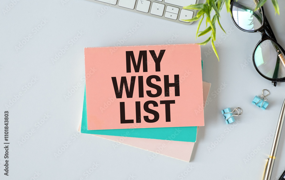 Poster conceptual, notebook on a white table. open diary and pen with my wish list words