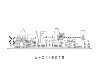 Obraz premium Detailed Amsterdam skyline vector illustration. Amsterdam buildings in line art style, perfect for modern designs.