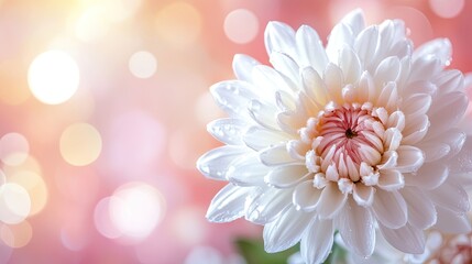 White chrysanthemum flower adorned with water droplets creates a stunning floral background. Selective focus highlights the beauty of the white chrysanthemum, enhanced by creative bokeh effects.