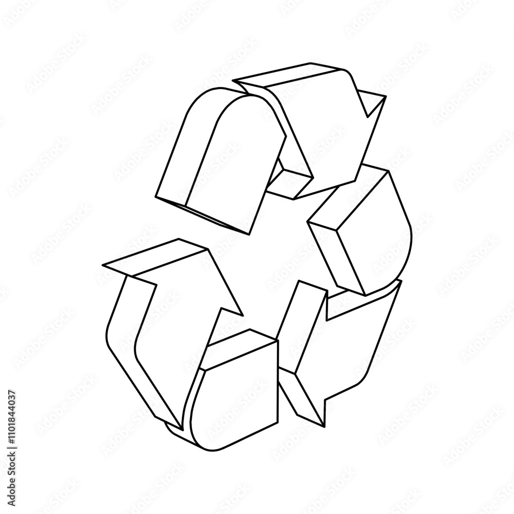 Poster the outline of a large recycling symbol is made with black lines. 3d view of the object in perspecti