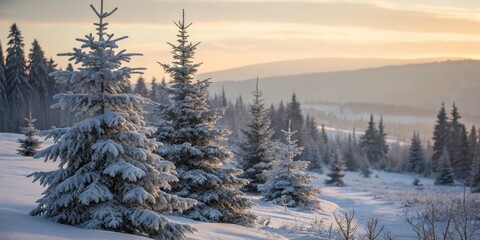 Obraz premium Snow-Covered Evergreen Trees in Winter Landscape at Dawn - High Depth of Field, Transparent Background, Scenic Nature, Winter Wonderland, Frosty Forest, Serene Morning, Seasonal Beauty