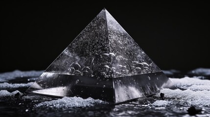 A reflective pyramid sits in shallow water surrounded by bubbles. The dark, reflective surfaces contrast with the clear bubbles, creating a surreal and modern 3D scene with a futuristic feel.