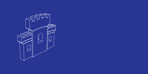 Fototapeta premium The outline of a large castle symbol made of white lines on the left. 3D view of the object in perspective. Vector illustration on indigo background