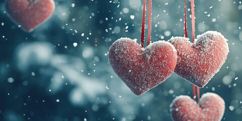 Red hearts hanging for Valentines Day, adorned with snow, suitable for love inquiries or a Christian themed Valentine background ideal for social media banners and postcard designs.