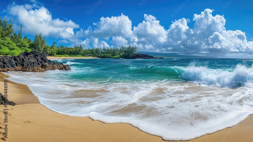 Poster waves crashing against the sandy beach create a dynamic scene under a blue sky. this image captures 