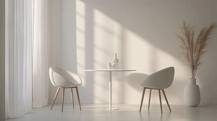 A well-lit studio apartment showcasing a small white table with two minimalist chairs and a decorative vase.