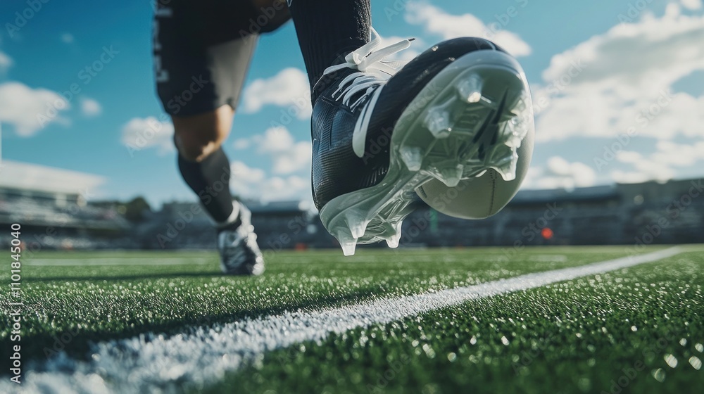 Poster a close-up of a soccer player's cleat running on a field, emphasizing motion and sport.