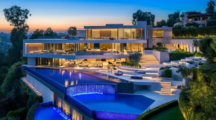 Luxurious modern mansion perched on a hillside at twilight, featuring an infinity pool and cascading waterfall.
