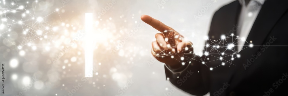 Poster business professional interacting with a digital cross symbol in a modern environment