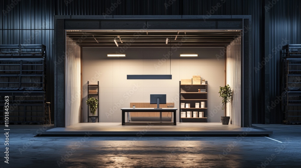 Poster modern workspace in an industrial setting with minimalist design