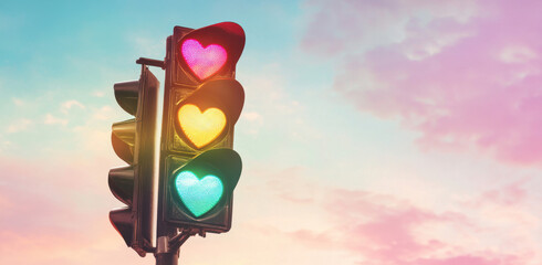 A rainbow-colored traffic light with heart-shaped lights against a pastel sky background, symbolizing love and care in road safety