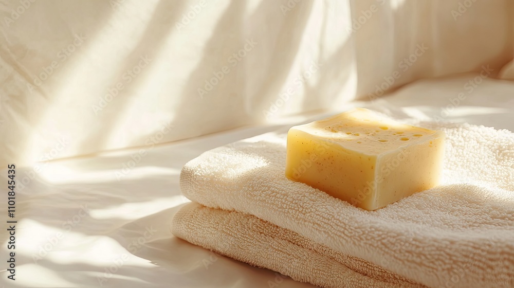 Poster handmade soap and towel arranged on a light background, illuminated by sunlight, creating a fresh an