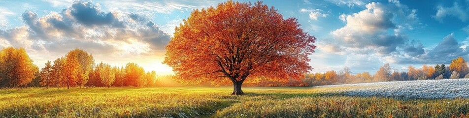 Naklejka premium Depiction of the four seasons in one picture: spring, summer, autumn, and winter.