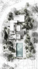 Aerial view of modern wellness retreat with lush greenery and central pool, showcasing architectural harmony with nature. design emphasizes tranquility and relaxation in serene environment