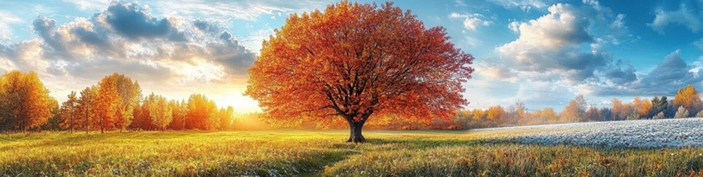 Depiction of the four seasons in one picture: spring, summer, autumn, and winter.
