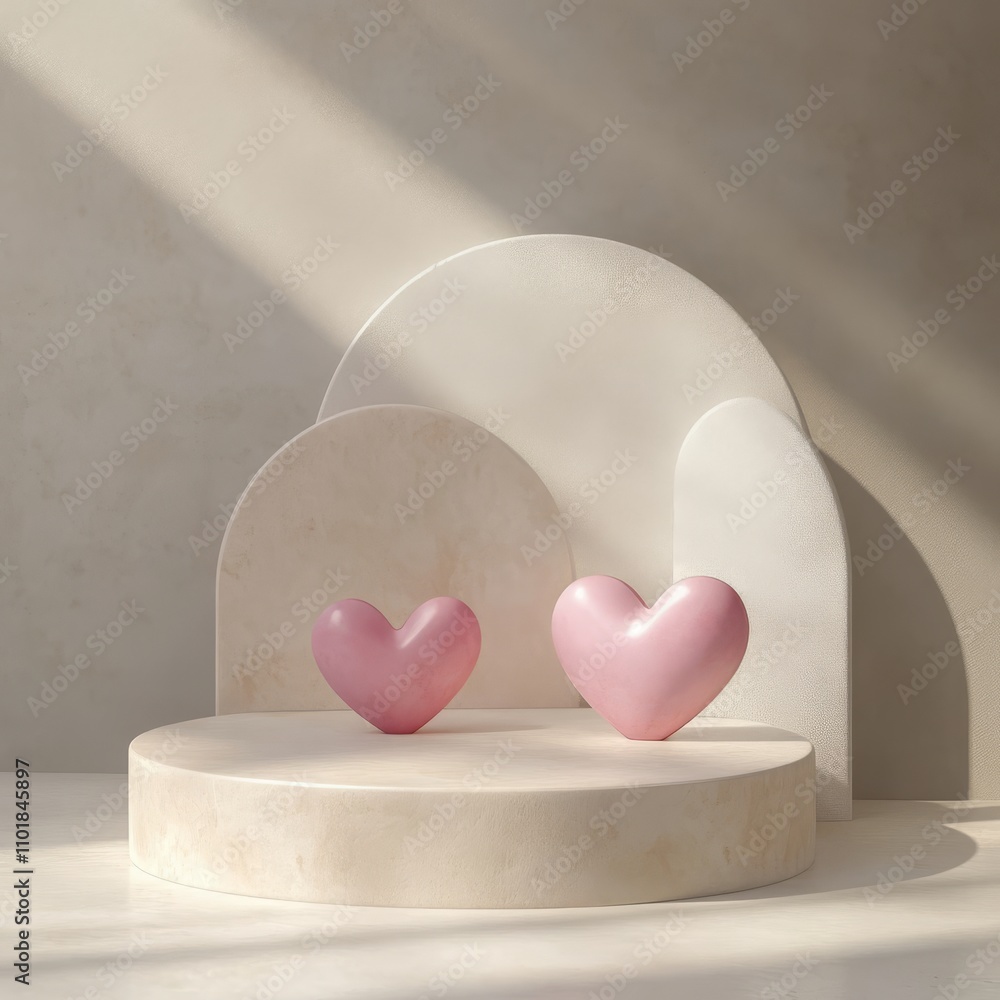 Poster romantic setting with floating heart shapes in a serene environment