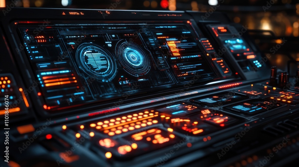 Poster futuristic control panel with glowing digital interface.