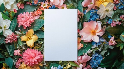 Vertical poster mockup in a white design surrounded by a vibrant background of spring flowers. Ideal for displaying artwork, this white poster mockup offers ample copy space.