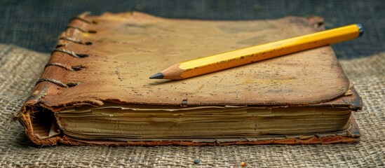 An old worn leather bound book rests upon a weathered wooden surface with a yellow pencil placed next to it conveying a sense of scholarly study and the timeless pursuit of knowledge and wisdom