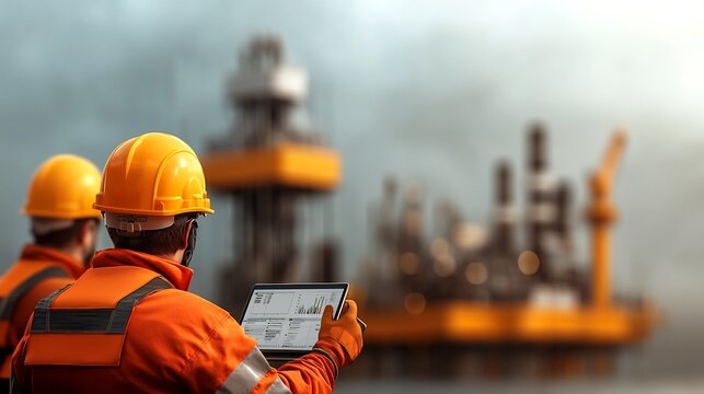 Offshore safety inspectors in protective gear conducting thorough inspections and data analysis on tablets and laptops to evaluate the compliance and risk management protocols of coastal oil and gas