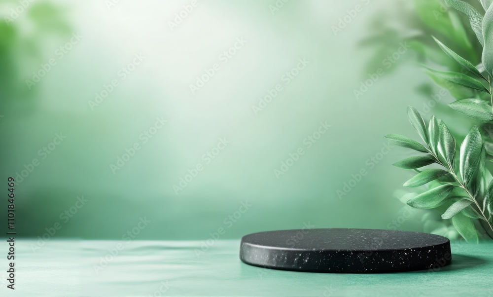 Poster black round stone on a green surface with soft foliage background in a natural setting