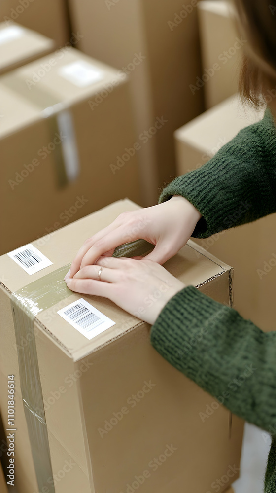 Poster packaging worker secures cardboard box with tape, preparing for shipment, warehouse setting