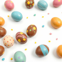 Colorful chocolate Easter eggs on white background