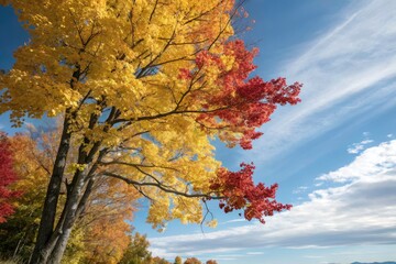 Vibrant Autumn Tree with Red and Yellow Leaves Under a Blue Sky &acirc;&euro;&ldquo; Nature&acirc;&euro;&trade;s Beauty Captured in Fashion Photography