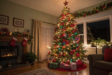 Vibrant Christmas Tree with Colorful Decorations, Holiday Spirit, Festive Ornaments, Seasonal Cheer, Christmas Lights, Pine Tree, Family Gatherings, Joyful Atmosphere, Winter Wonderland