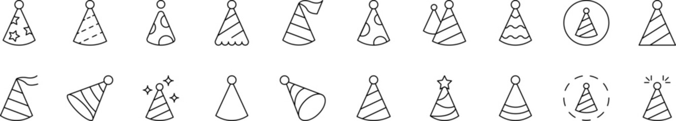 Party Hat Thin Icons Collection. Editable Stroke. Suitable for Web Sites, Books, Cards, Apps