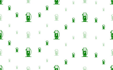 Seamless pattern of large and small green electric charging station symbols. The elements are arranged in a wavy. Illustration on light green background