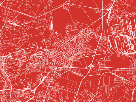 Christmas Map of Dabrowa Gornicza, Poland in Snowy White on Festive Red Background.