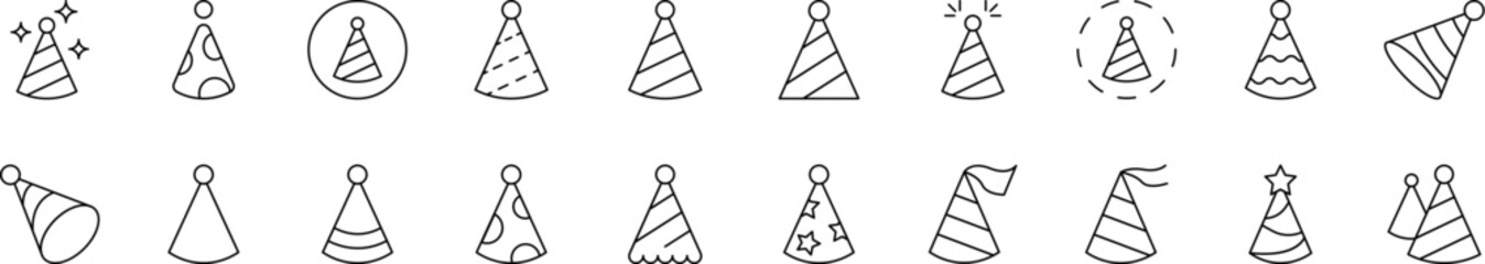 Party Hat Related Icon Set. Editable Stroke. Suitable for Web Sites, Books, Cards, Apps