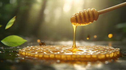 honey dipstick drips golden honey over honeycomb in serene forest setting, capturing essence of nature sweetness and tranquility