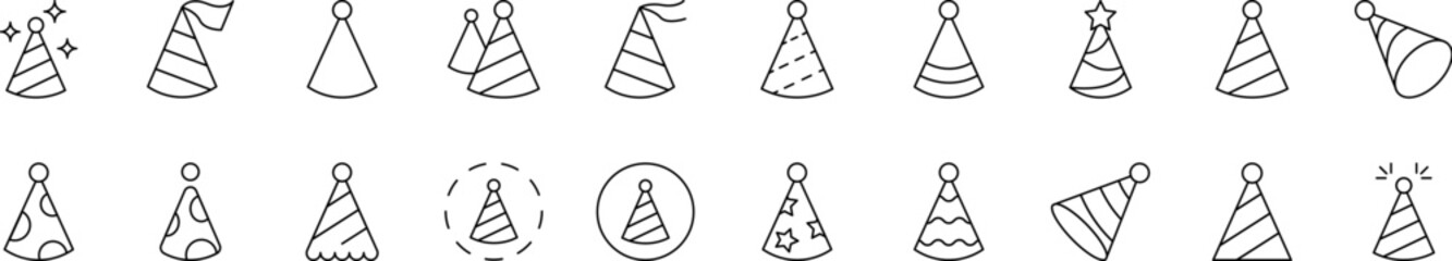 Party Hat Icon Set for UI, Placards, Books, Apps. Editable Stroke. Suitable for Web Sites, Books, Cards, Apps