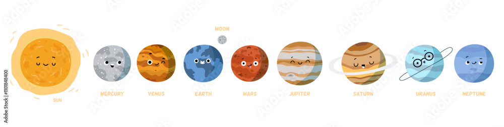 Poster solar system planets, isolated set of cute characters. vector in flat style, sun and mercury, venus 