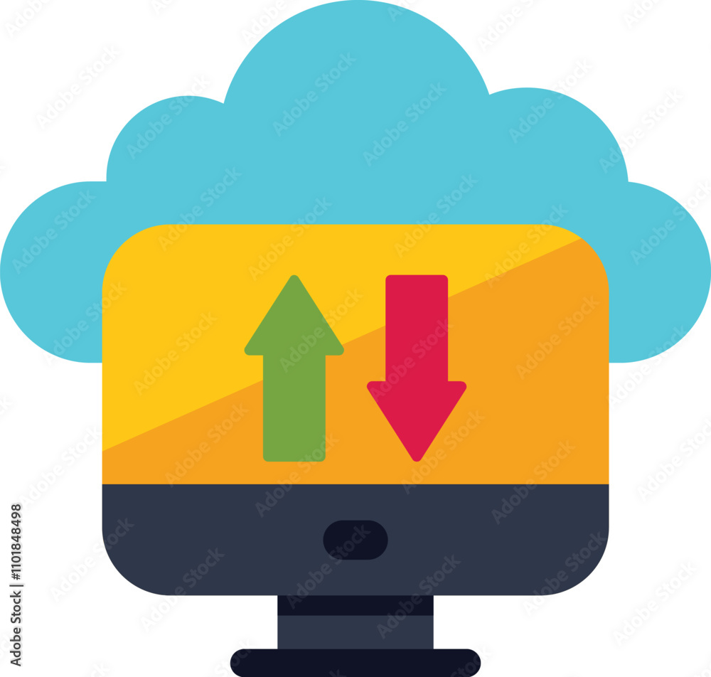 Poster desktop computer uploading and downloading data to the cloud storage service, flat vector icon