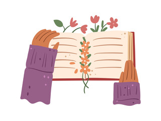 Opened book with flowers blossom or herbarium. Vector isolated hands holding textbook with pages, reading story or fiction novel. Hobby and leisure, woman with wildflower botany decor on paper