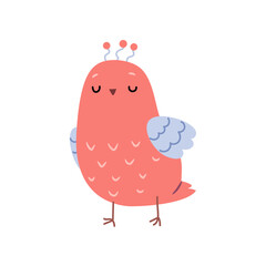 Avian animal with plumage, cute bird character. Vector isolated songbird with feathers on head and body. Species of woodlands or natural habitats, wild species of nature. Biodiversity and fauna