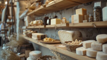 Naklejka premium Artisan cheese display with natural wooden shelves