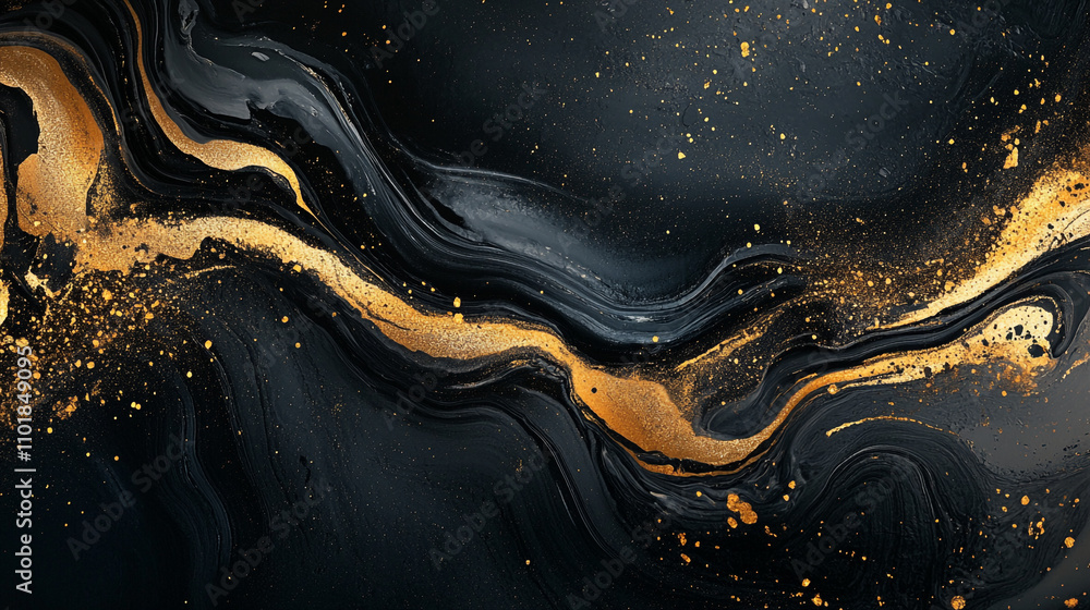 Poster artistic abstract design with black and gold textures creating a striking visual effect