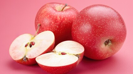 Pink Background Apple Close-Up - a crisp and fresh fruit display. The pink tones complement the apple’s natural charm, creating a visually striking and elegant composition.