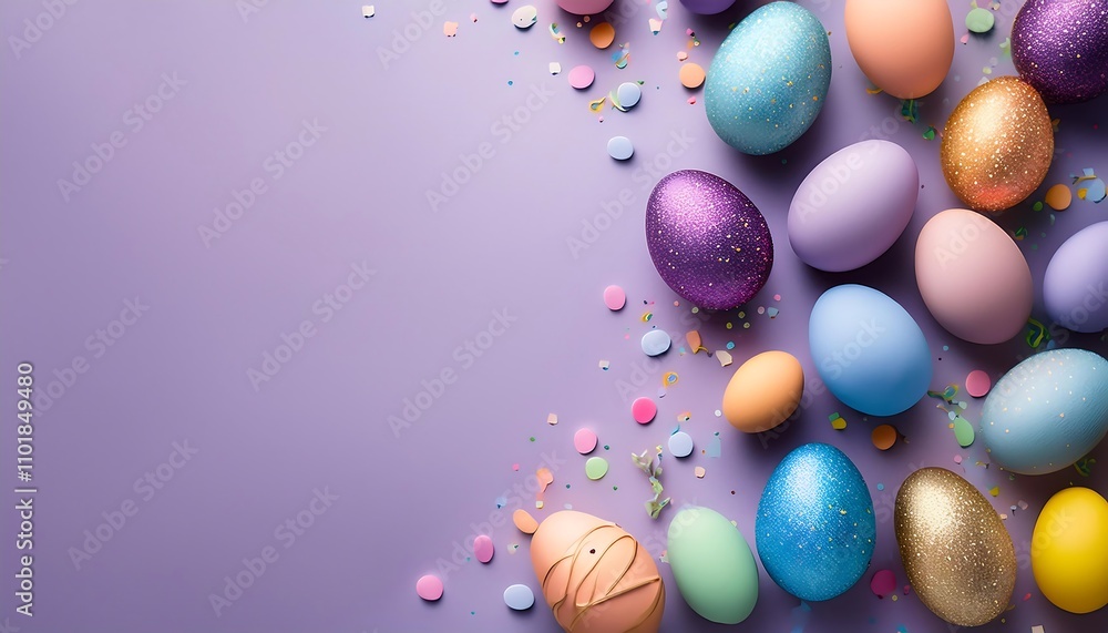 Poster colorful easter eggs and confetti on a light lilac background with empty space in the cente_1(881)