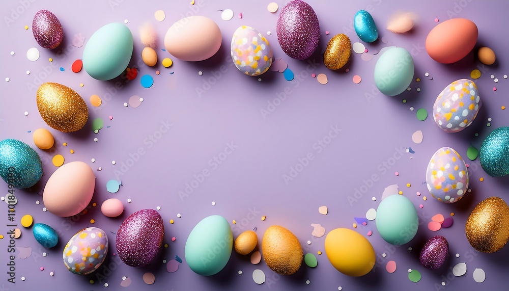 Poster colorful easter eggs and confetti on a light lilac background with empty space in the cente_1(882)
