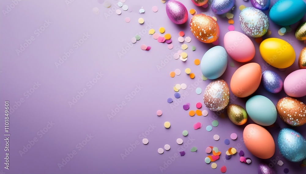 Poster colorful easter eggs and confetti on a light lilac background with empty space in the c_1(884)