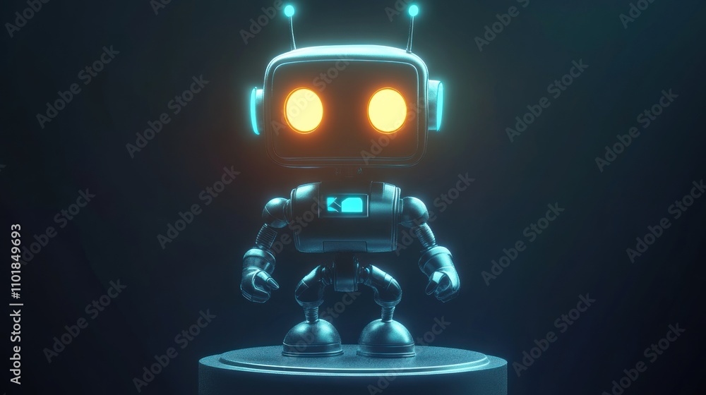Poster a cute retro robot stands on a dark platform