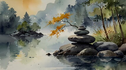 Naklejka premium Tranquil Forest Oasis with Zen Stones and Reflections